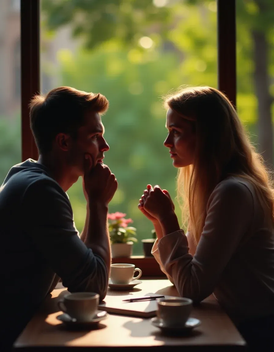 Couple facing relationship challenges over debt at a café.