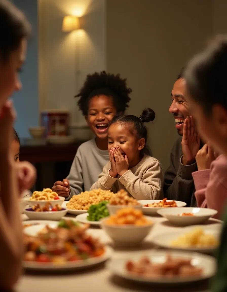 A joyful family meal illustrating social etiquette of covering mouths.