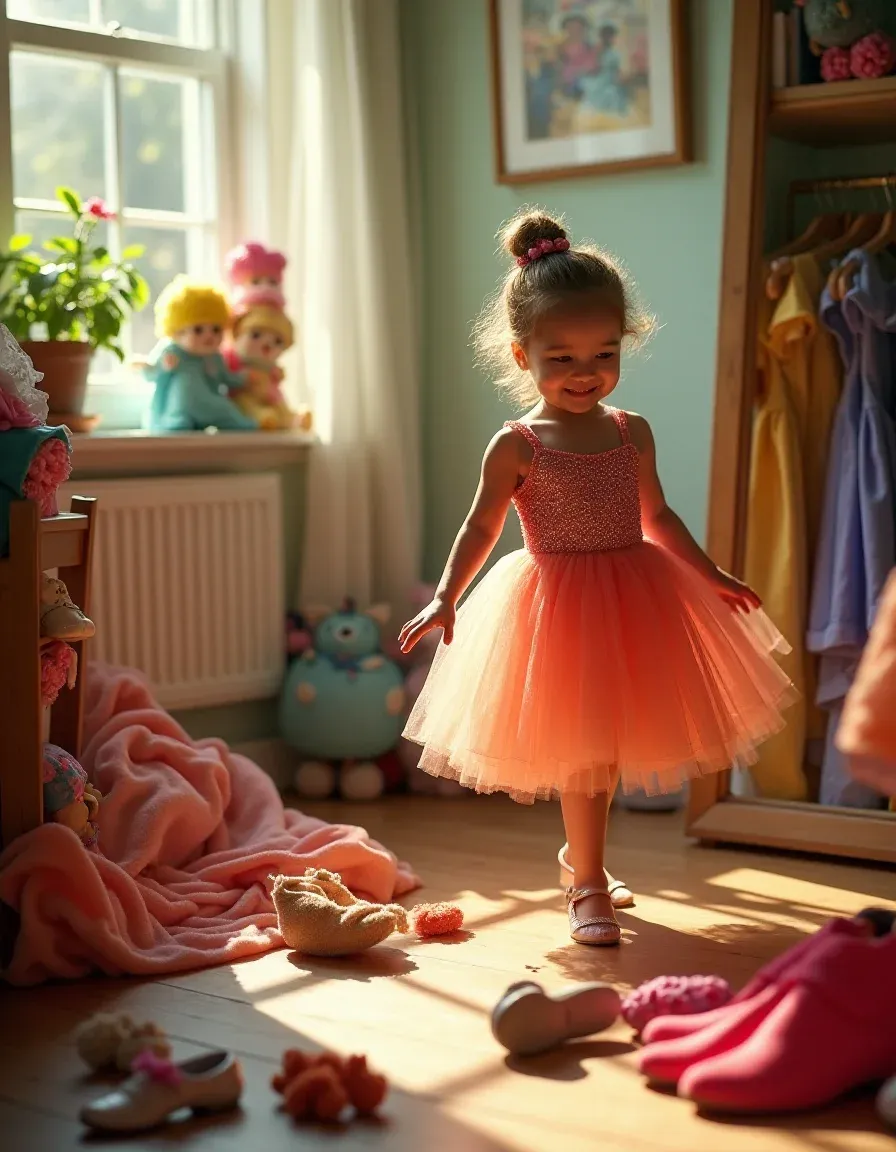 A cheerful child twirling in colorful dress-up attire.