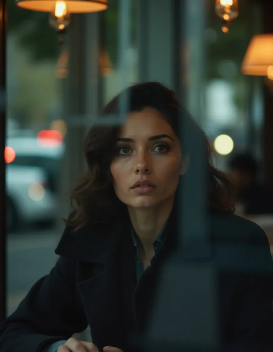 A woman discreetly observing her surroundings in a café, hinting at being followed.