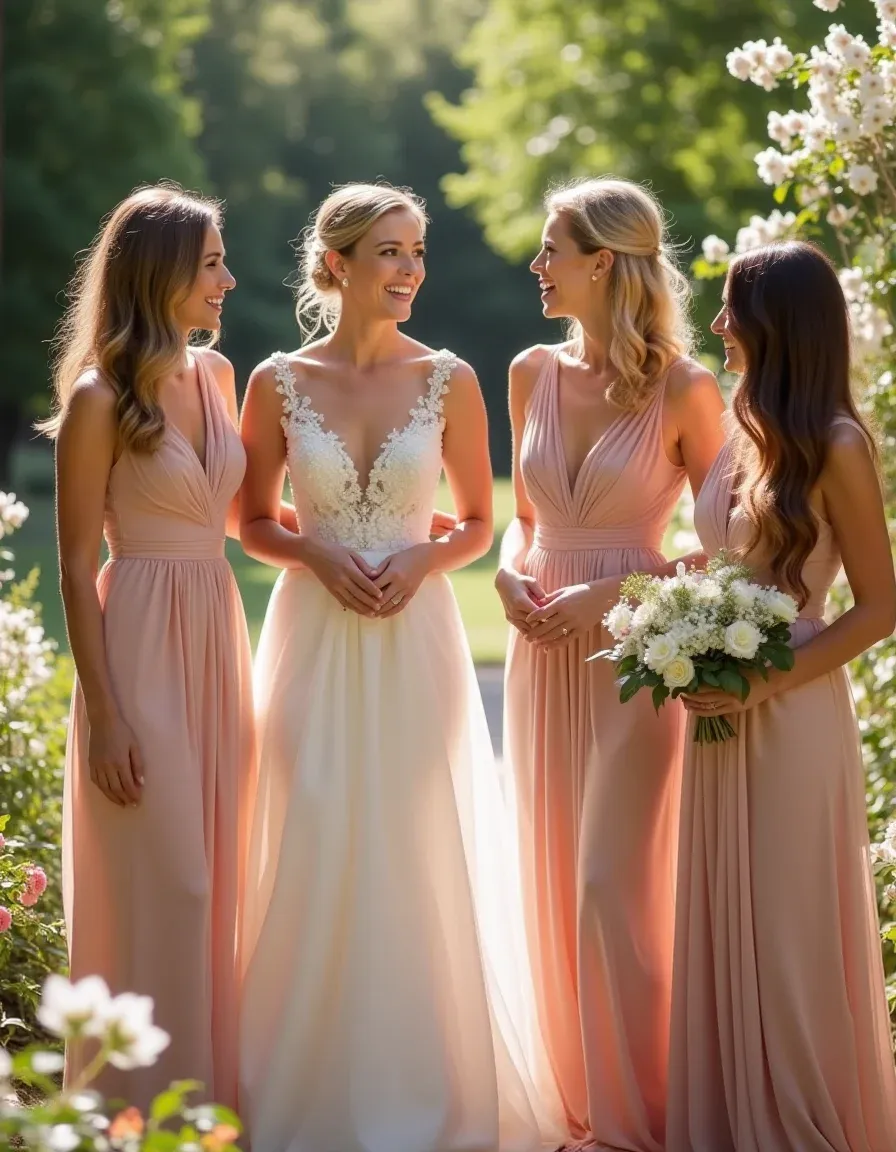 Group of bridesmaids discussing dress styles in a lush garden.