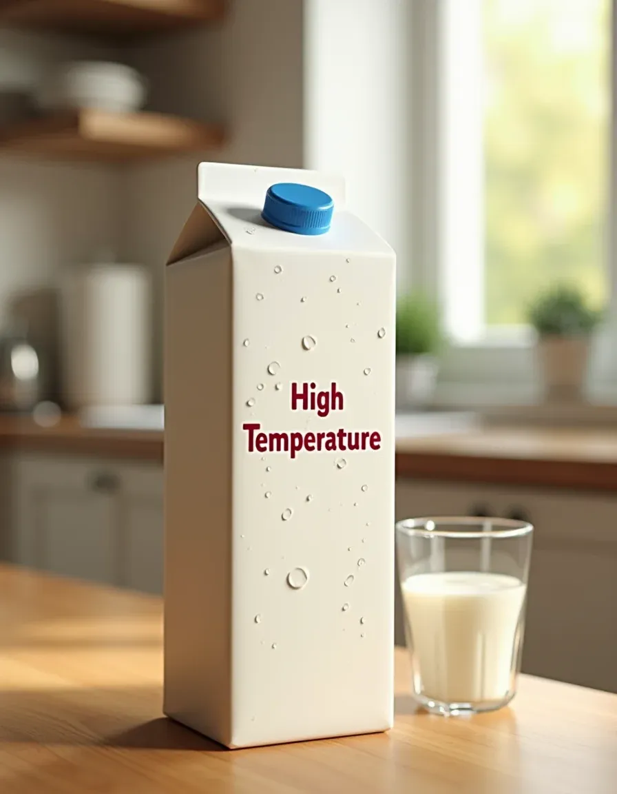 A milk carton labeled 'High Temperature' showcasing freshness.