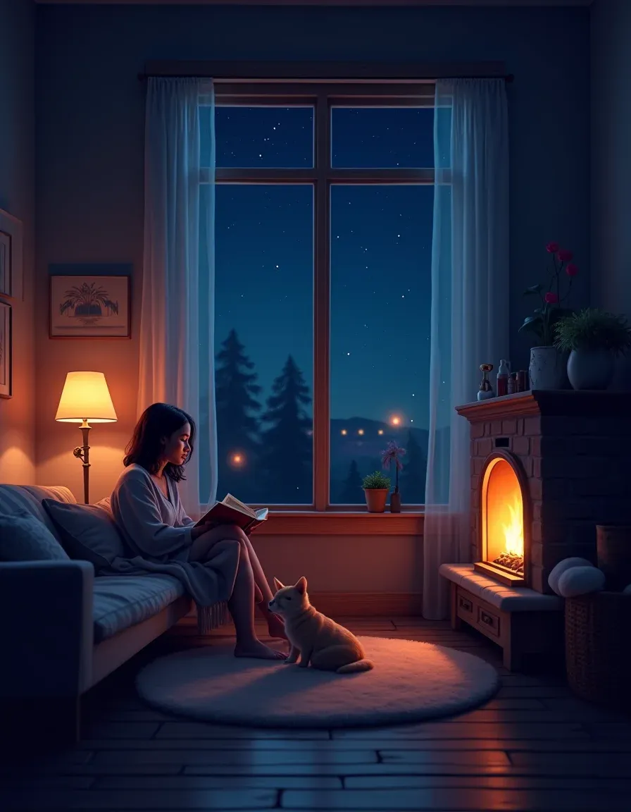 A peaceful depiction of solitude with cozy elements.