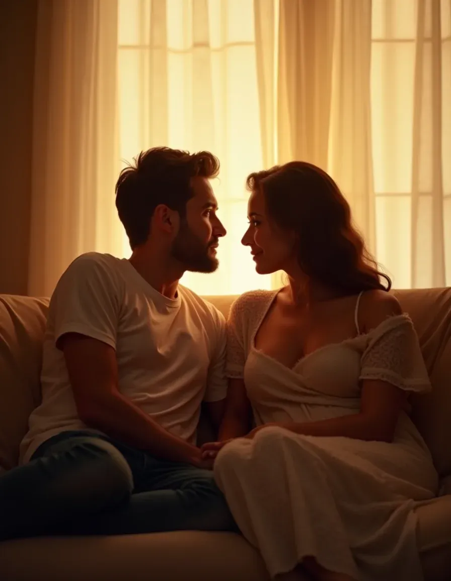 A couple exploring intimacy challenges in a warm, inviting setting.