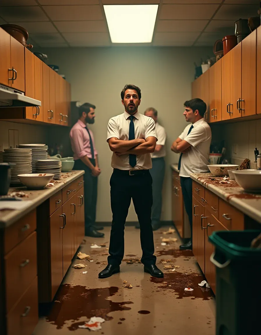 A chaotic office kitchen mess after lunchtime.