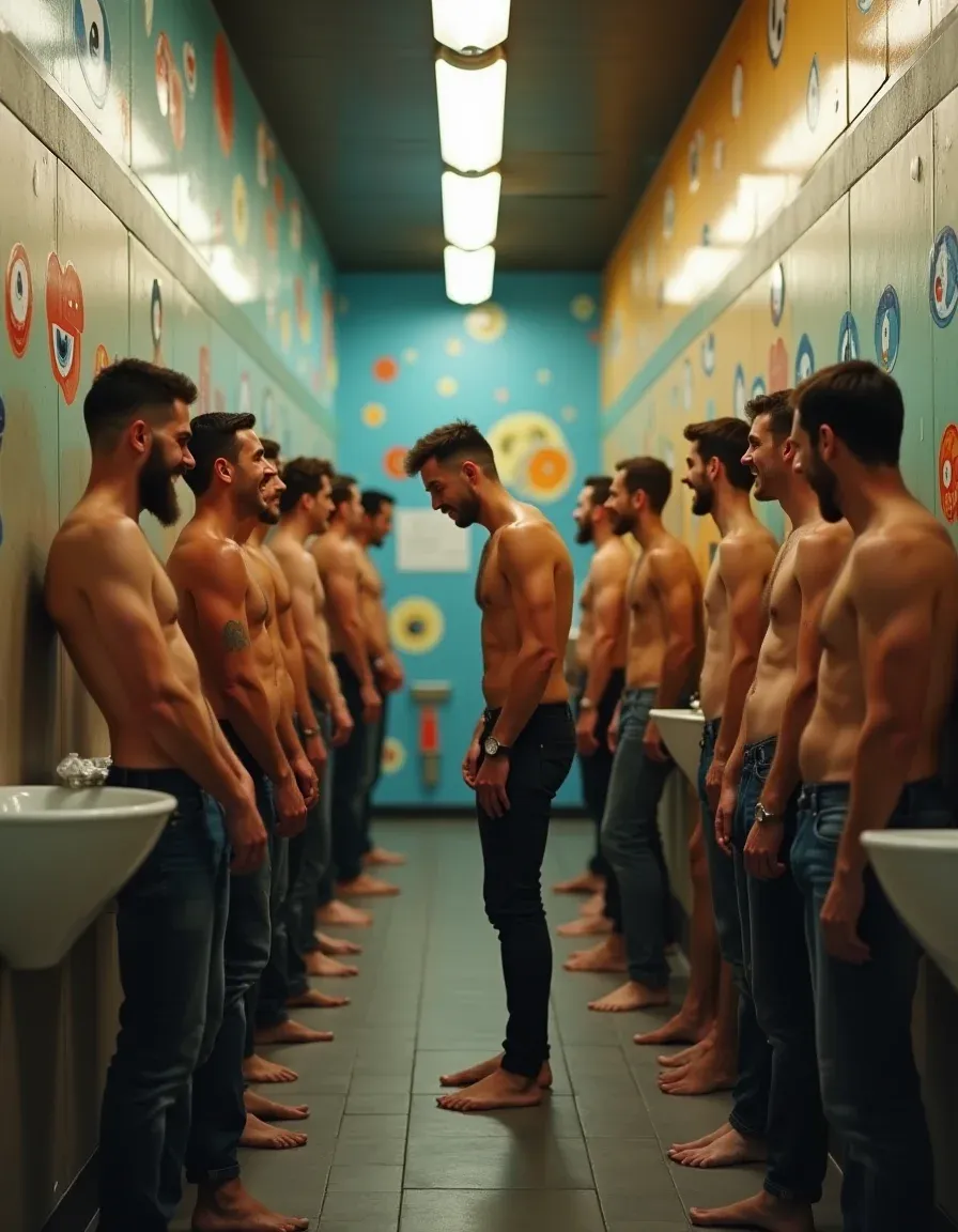 Humorous depiction of men at public urinals with quirky decor.