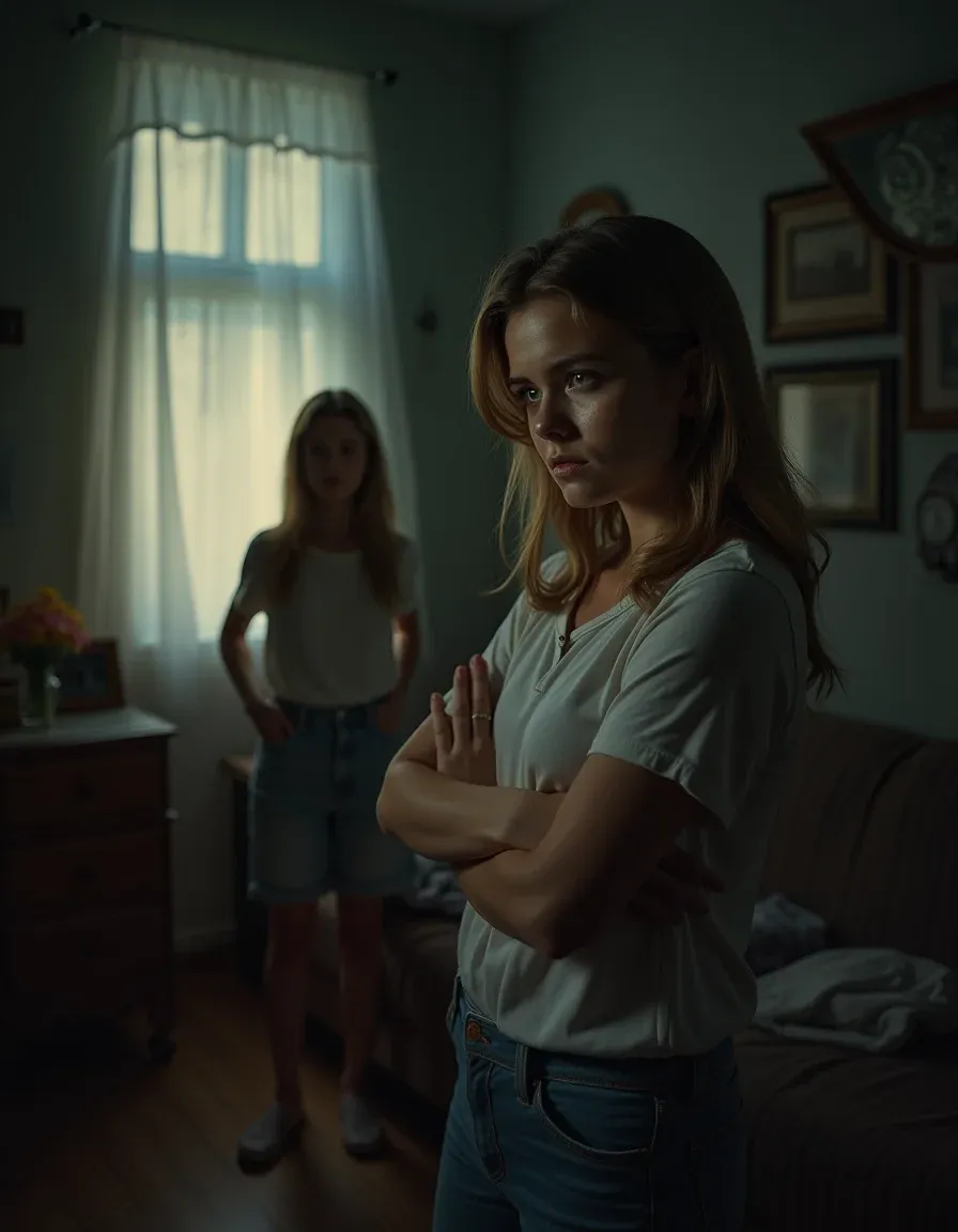A tense moment between sisters showcasing family drama.