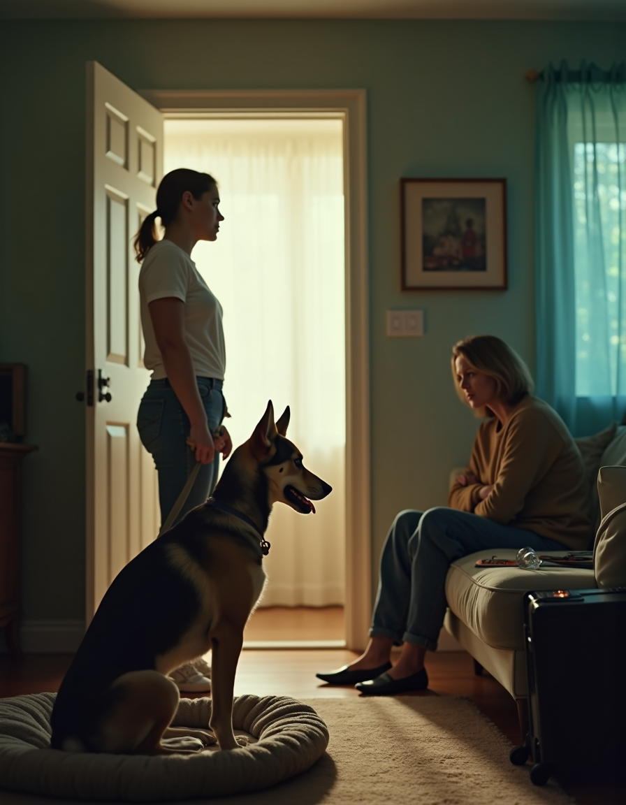 Tense living-room scene: a woman sets a boundary with a visiting friend while her dog watches.