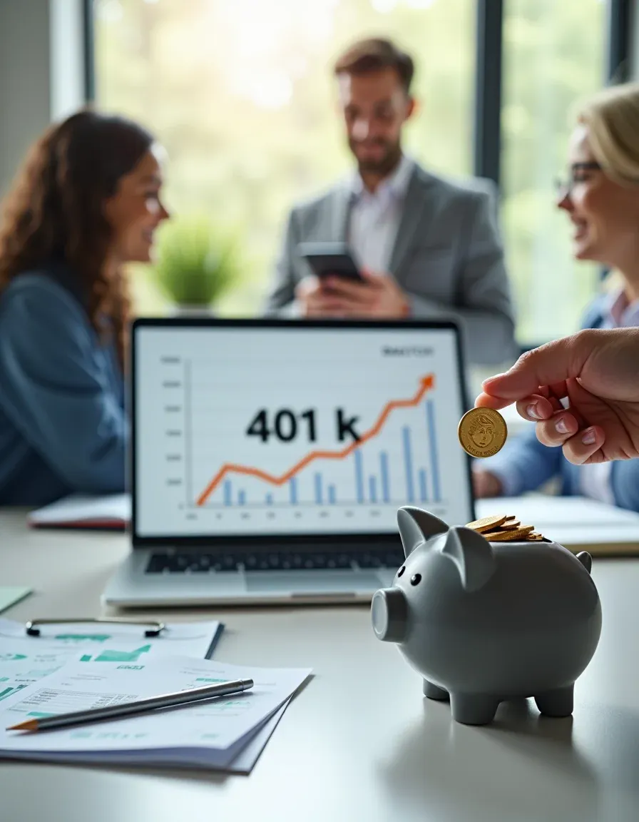 Professionals planning retirement around a laptop showing 401(k) growth and employer match.
