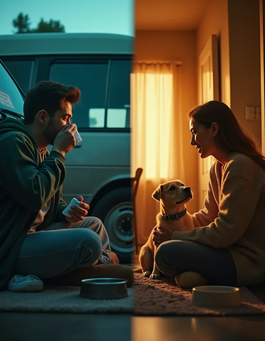 Split-scene of partners discussing a new dog; one has allergies, both show empathy.