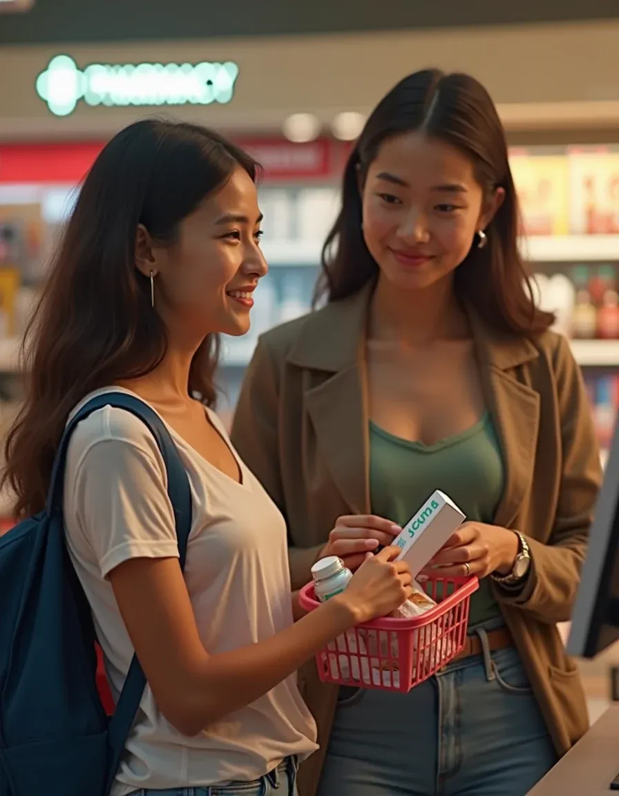 Person discreetly buying condoms at self-checkout with a supportive partner nearby.