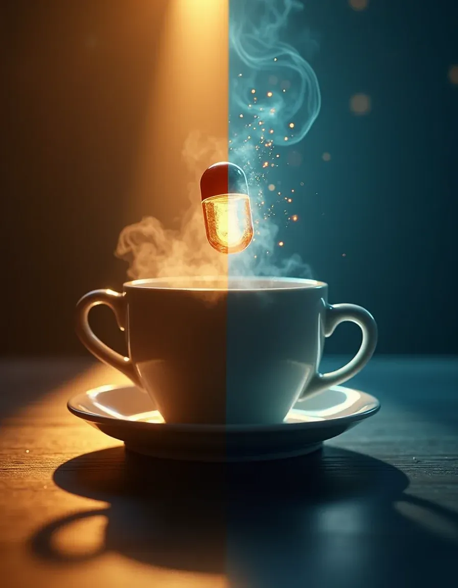 Split cinematic image contrasting warm coffee calm with cool, focused capsule.