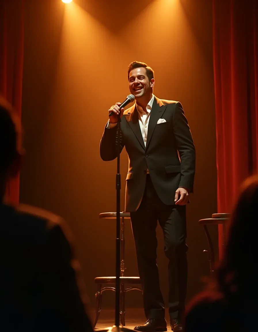 Cinematic comedy-club shot of a witty performer delivering a clean insult.