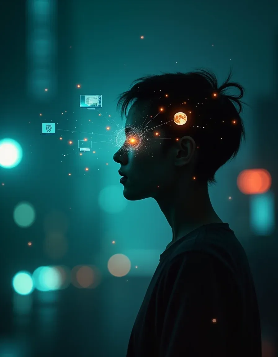 Cinematic portrait with floating conspiracy icons and glowing thought-threads.