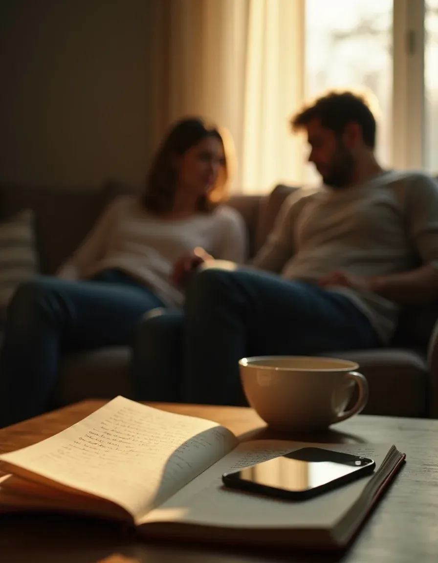 Cinematic scene of a couple after a diary was read, tense but calm.