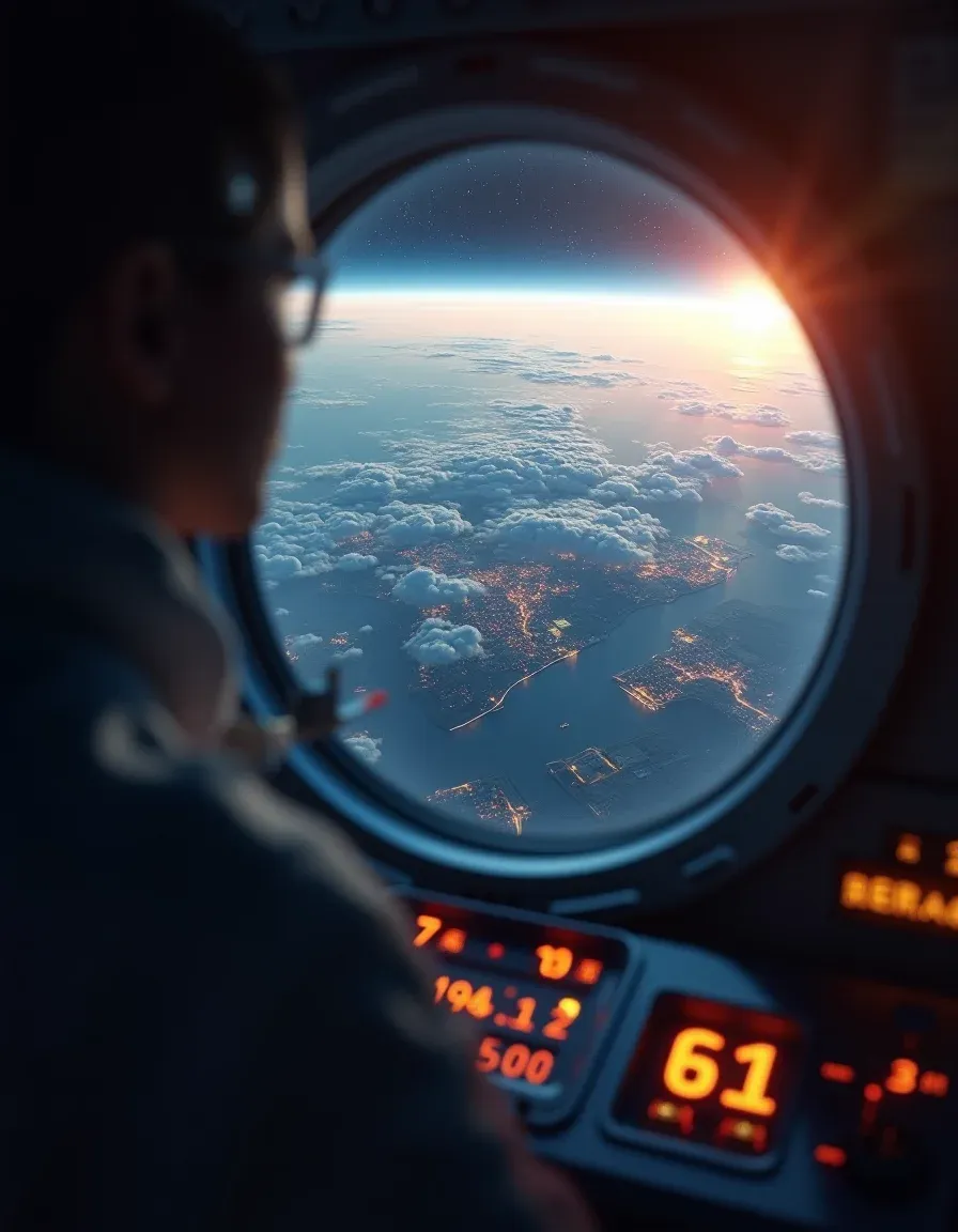 Satellite view of Earth appearing slowed with redshifted colors and subtle gravitational lensing.