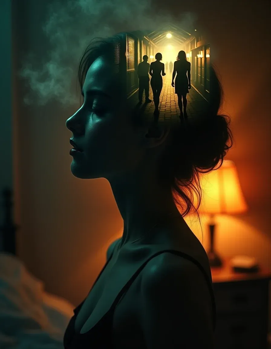 Split cinematic image: fantasies in the head, calm real-life intimacy.