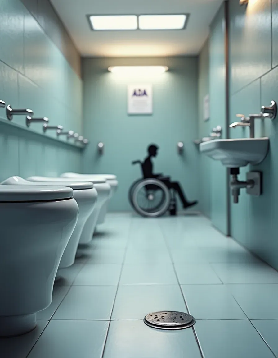 Modern restroom showing a foot pedal and touchless sensors highlighting accessibility.