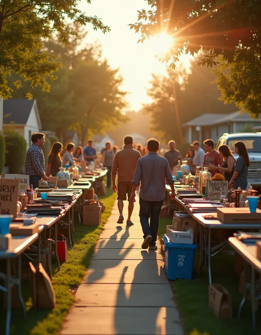Sunlit suburban garage sale with early birds, hagglers, and a smiling child.