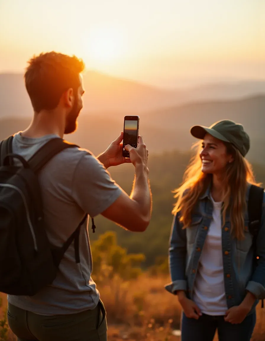 Man pockets his phone after a quick sunset snapshot with friends.