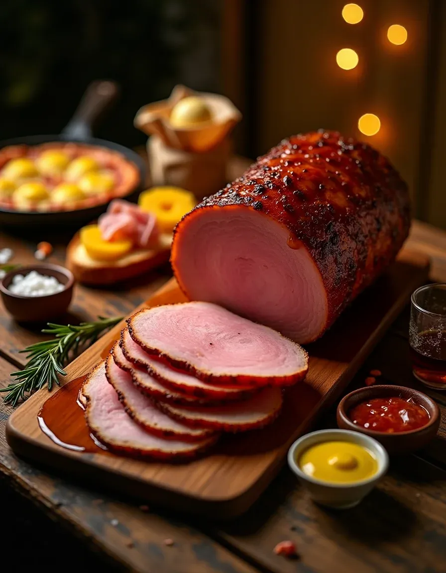 Cozy late-night collage of ham dishes on a rustic table.