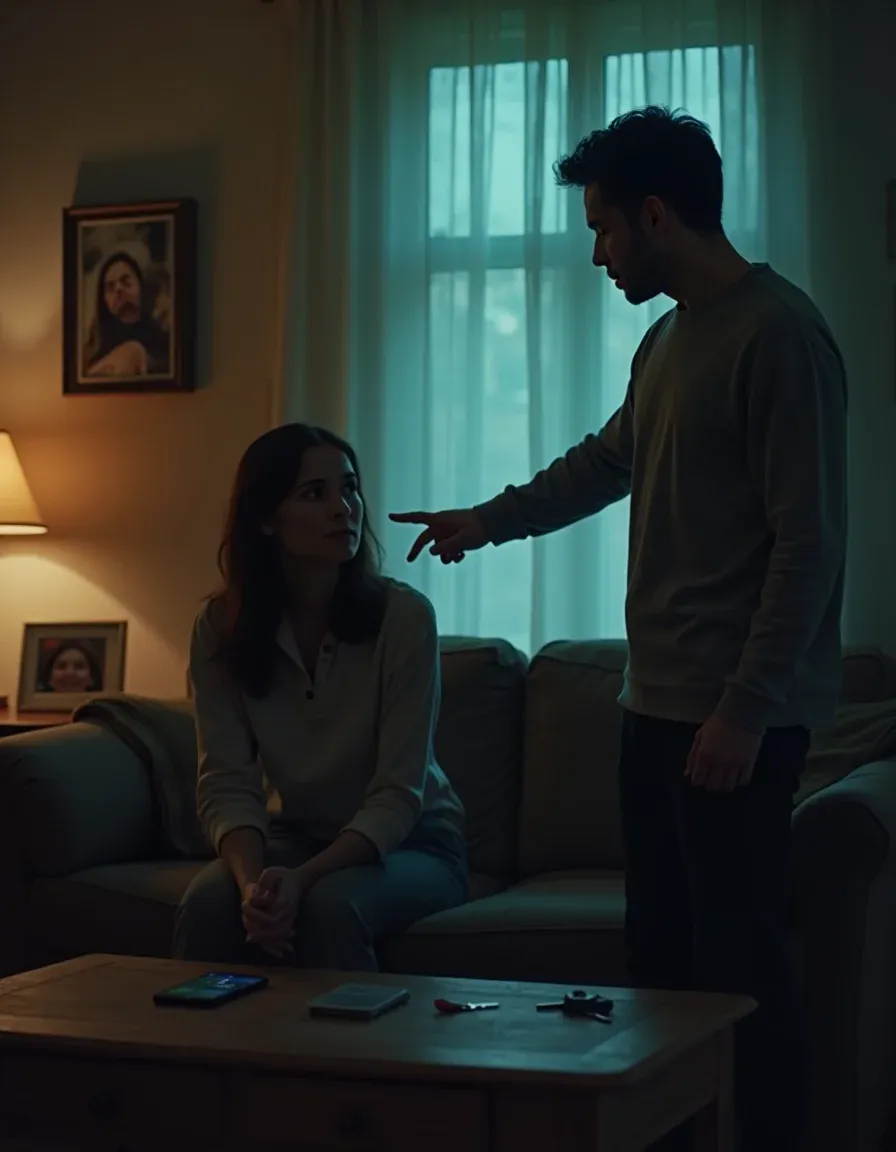 Tense cinematic scene of a couple where one accuses the other of cheating.