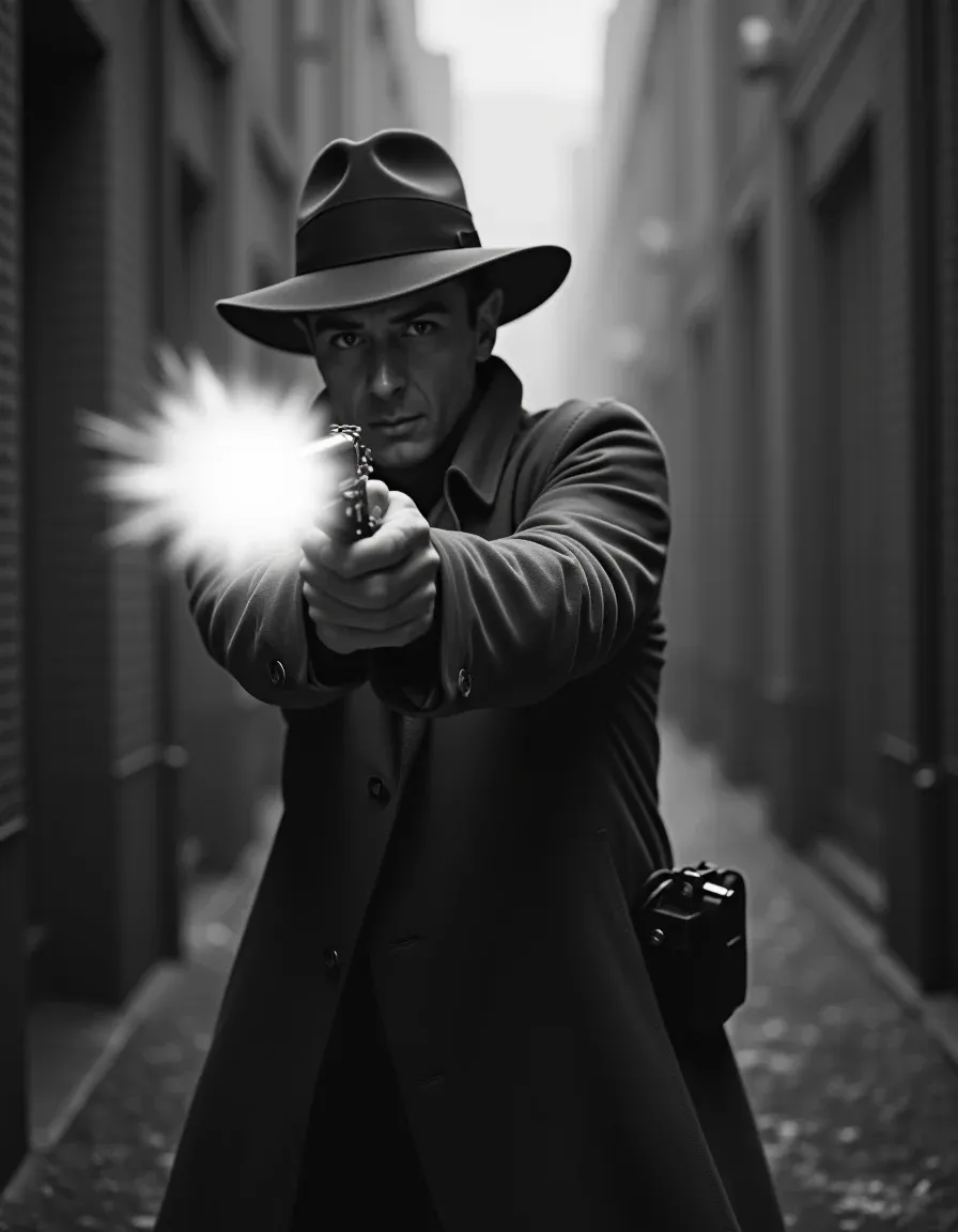 Black-and-white cinematic still of a character firing a pistol from the hip.