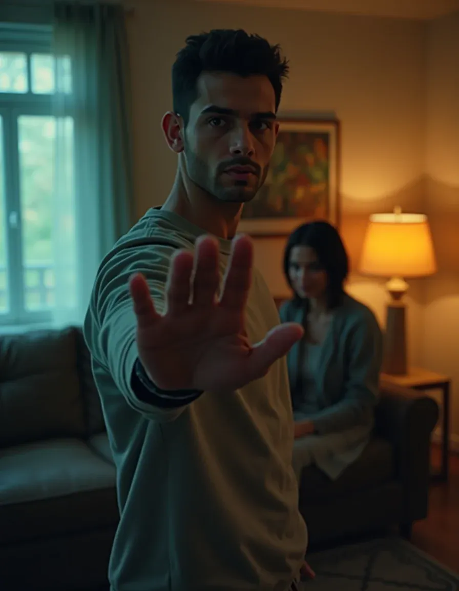 Man firmly asserting a boundary in a cinematic domestic scene.