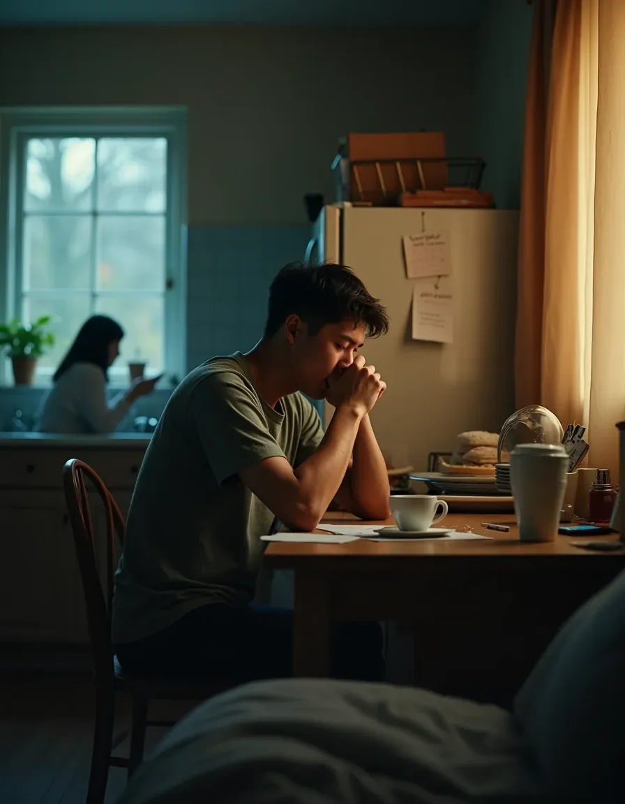 Cinematic scene of a stressed partner in a messy apartment, torn between help and self-care.