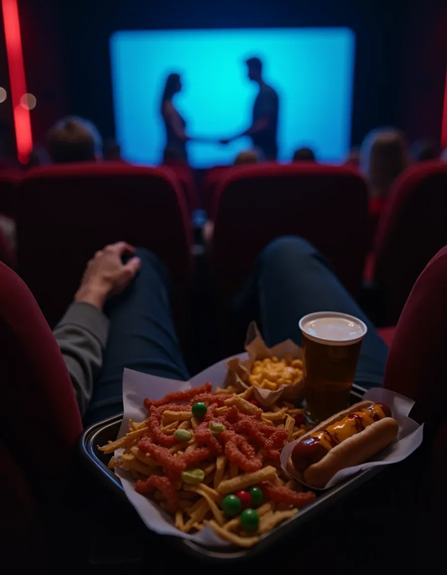 Cinematic close-up of popular movie-theater snacks in a dim theater.