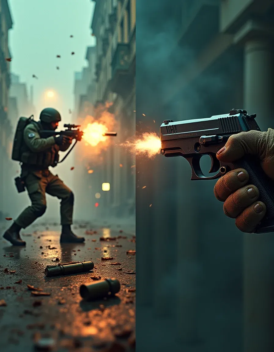 Split cinematic image contrasting movie-style weapons with gritty real-world consequences.