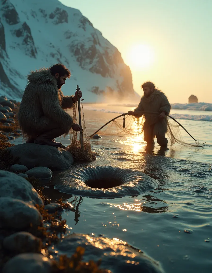 Cinematic Pleistocene fishermen with bone tools on an icy shoreline.