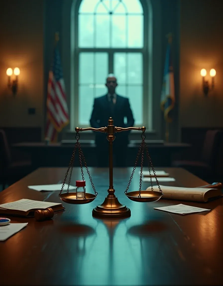 Scales of justice weighing a drug test vial against a ballot in a cinematic photo.