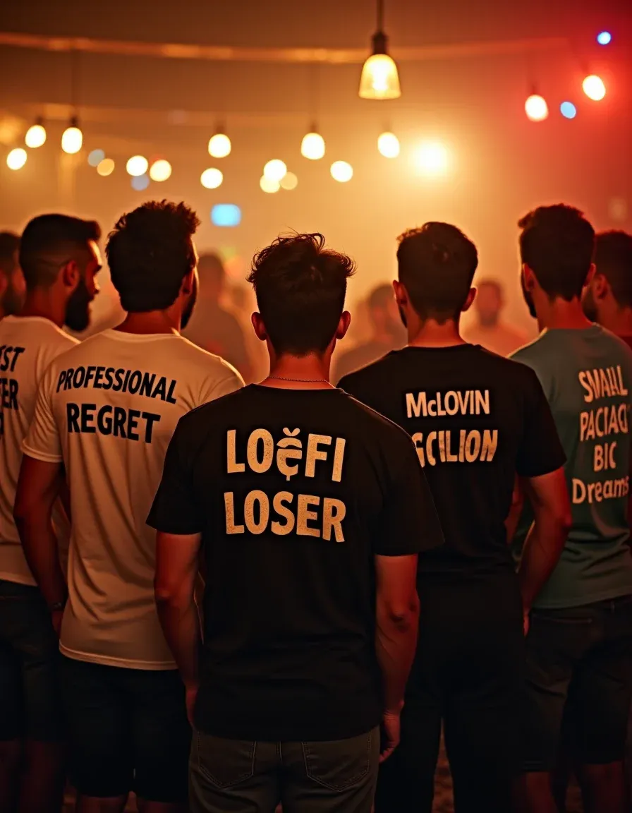 Back view of friends wearing roast-worthy bachelor party t-shirts with funny nicknames.