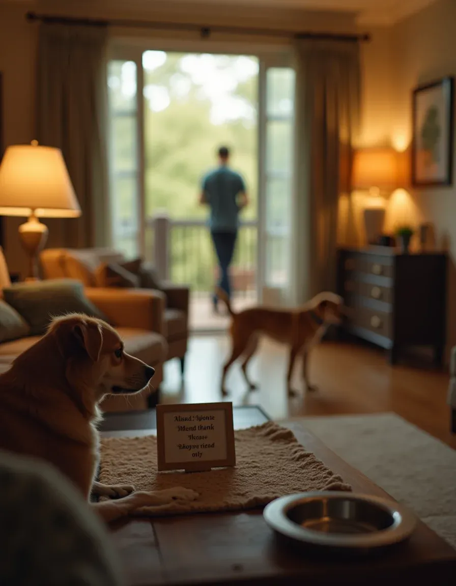 Host sets polite adults-only boundary in a warm living room with dogs and a supervised kids corner.