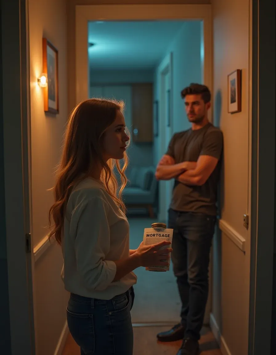 Tense cinematic scene: engaged woman holds mortgage papers and rent jar while partner stands distant.
