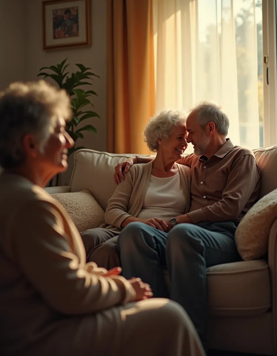 Mother watches son with his older partner in a warm, thoughtful living room scene