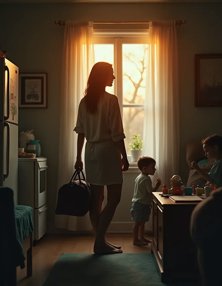 Cinematic portrait of a mother deciding to leave, children safe in the background.