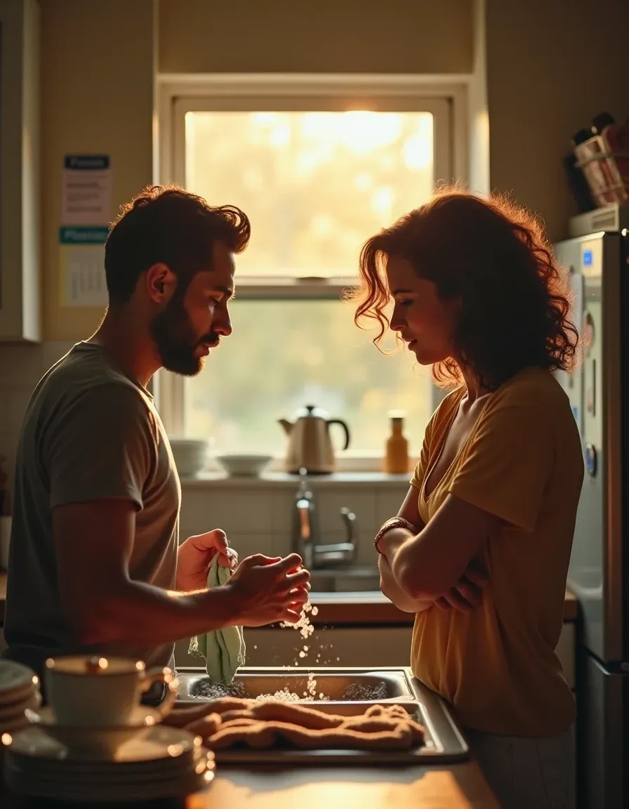 Cinematic kitchen scene of a couple debating dish chores, warm light and subtle tension.