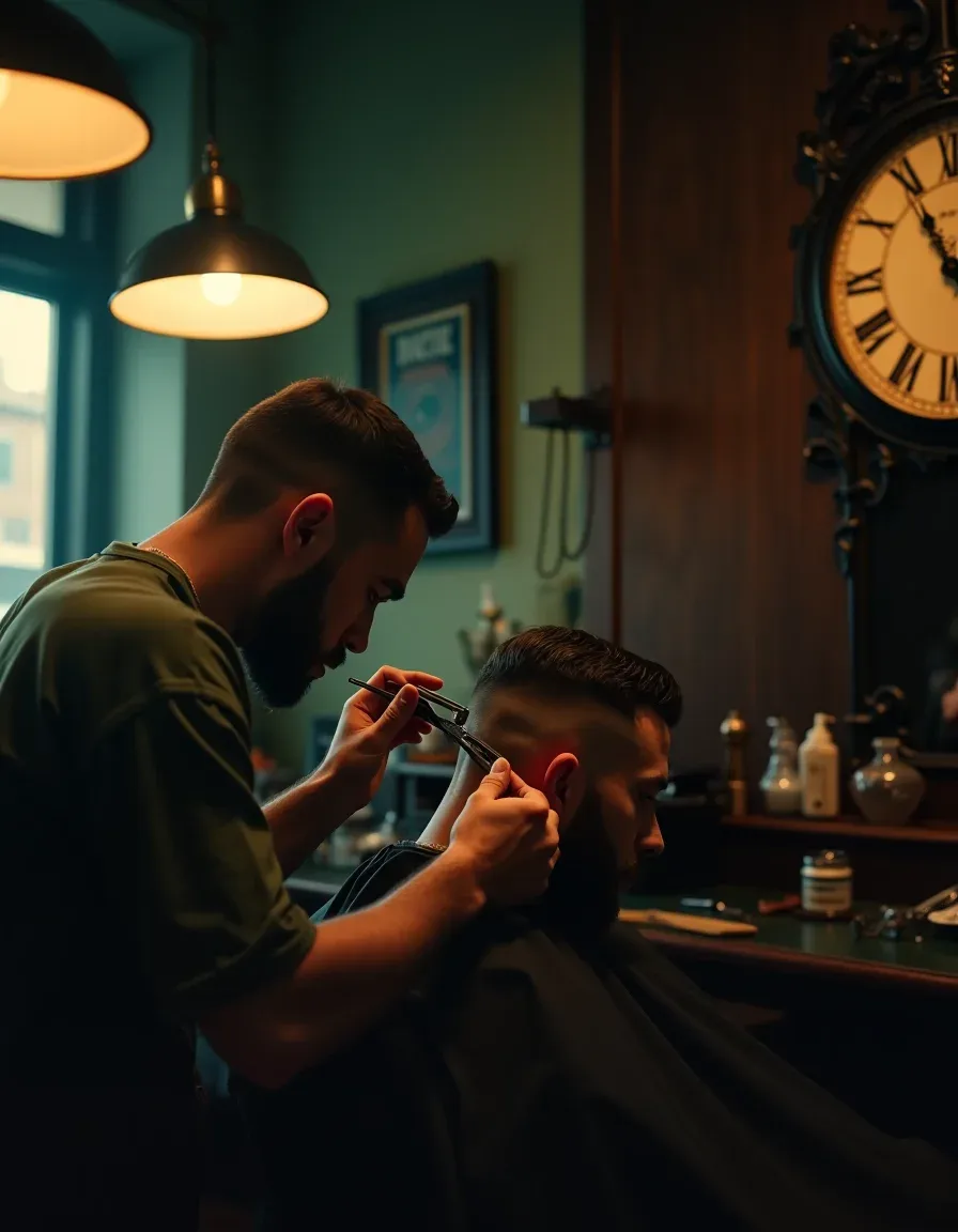 Cinematic barbershop scene showing a barber crafting a precise cut beside a blurred clock.