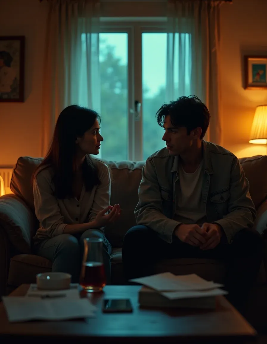 A young couple sits apart on a couch, emotional distance and contemplation in a moody living room.