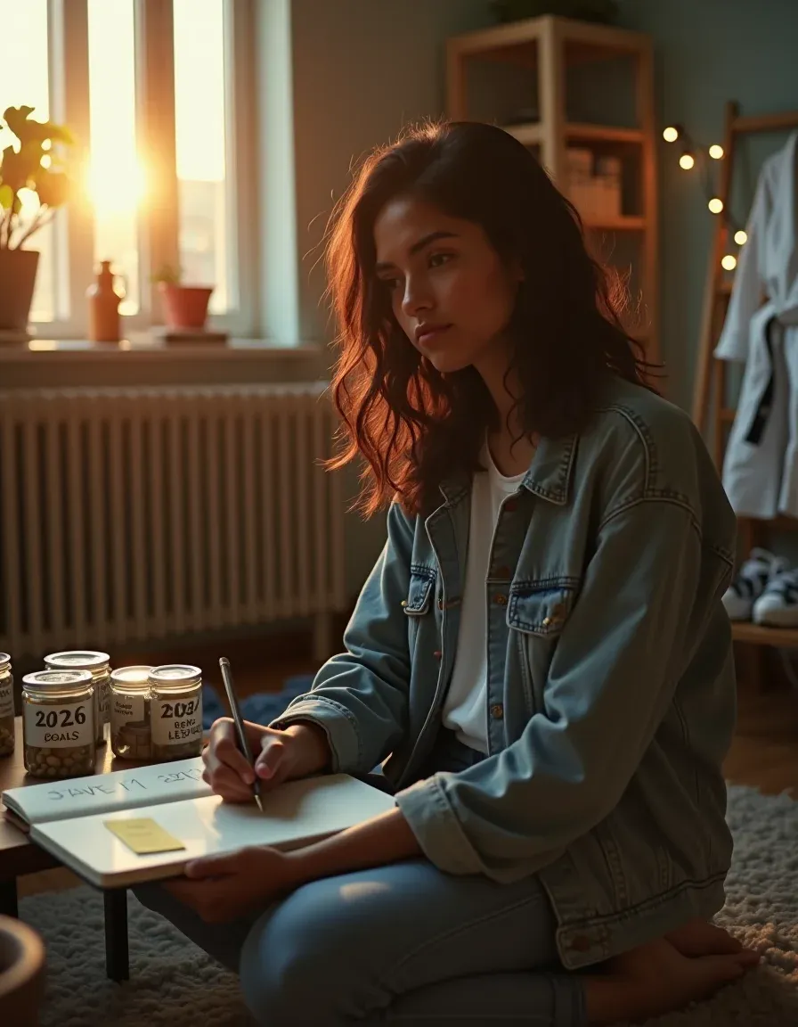 Late-20s person planning savings and social goals in a warm cinematic apartment scene.