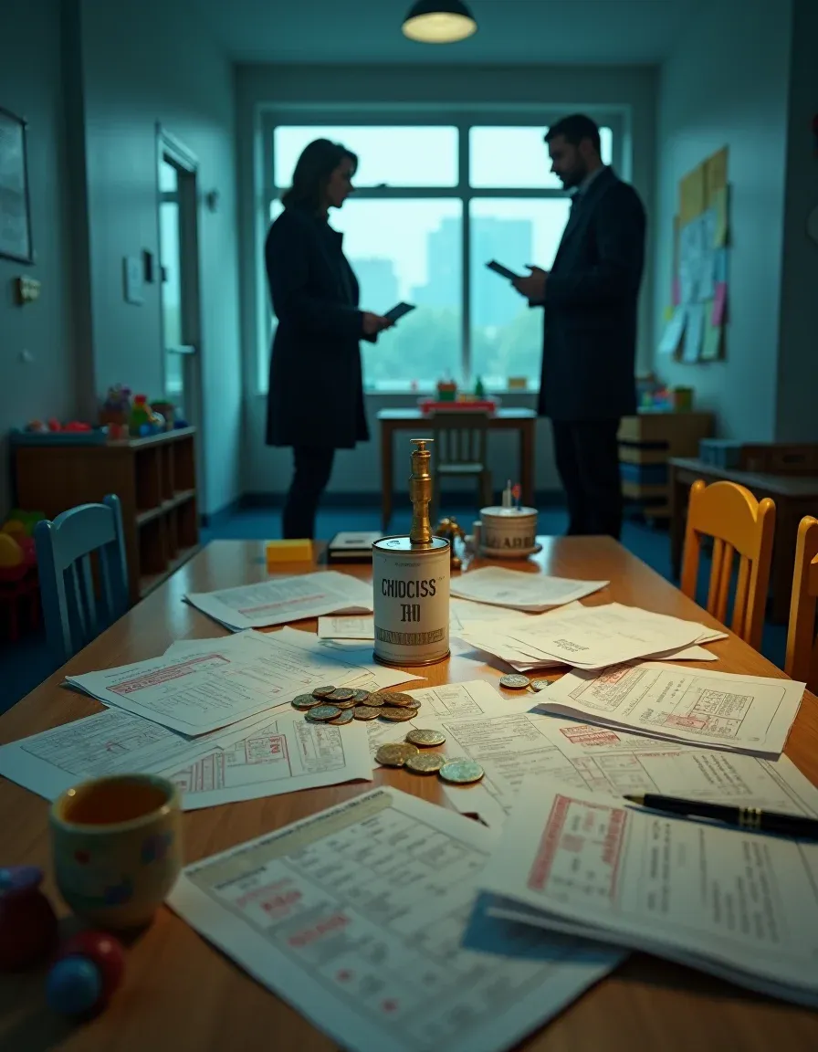 Cinematic scene of daycare funds leaking through paperwork, investigators in the background
