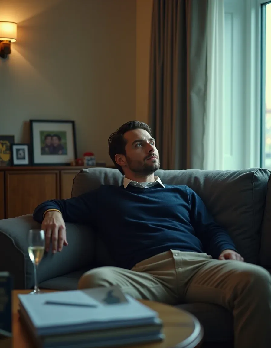 A successful man sits in a stylish home, staring hollowly despite financial milestones.