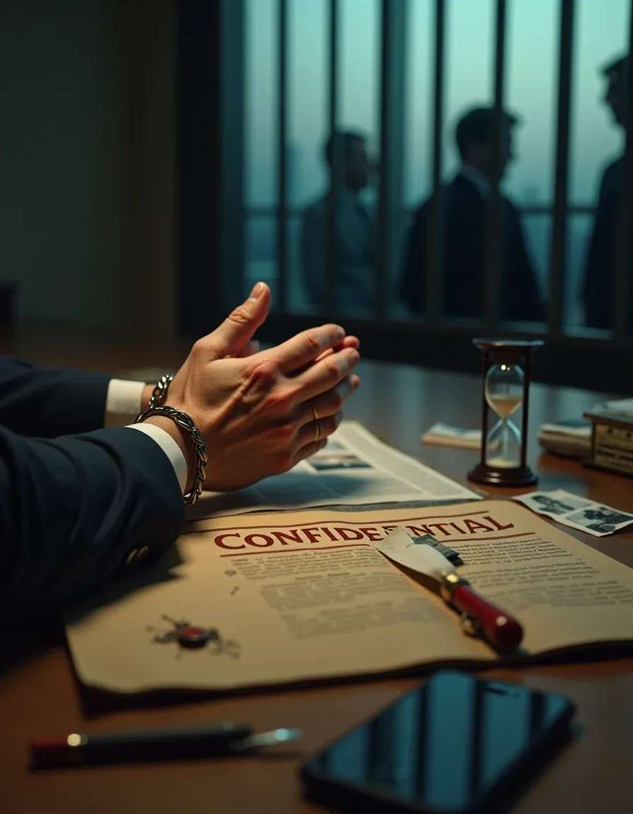 Cuffed hands, confidential file, Polaroids and redactions in a tense cinematic scene.