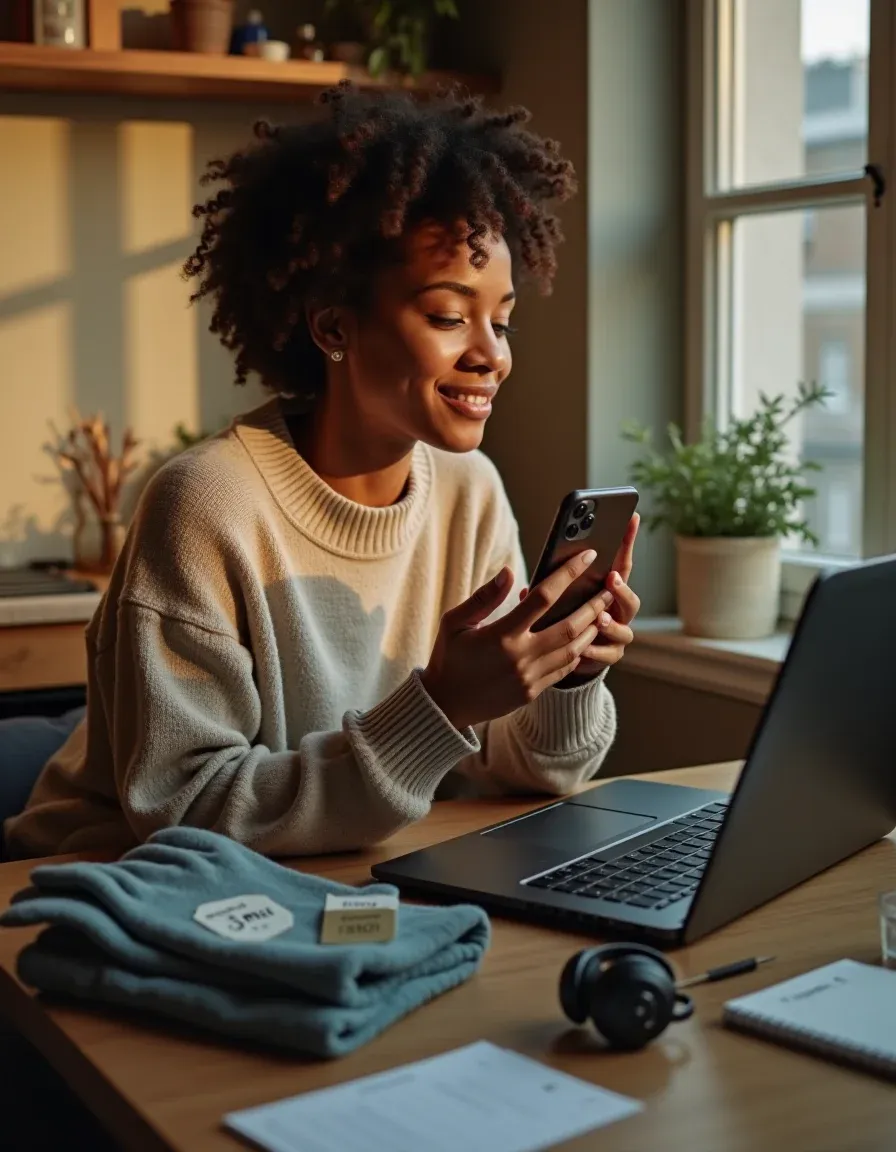 Cozy cinematic still of a person balancing small, manageable side hustles.