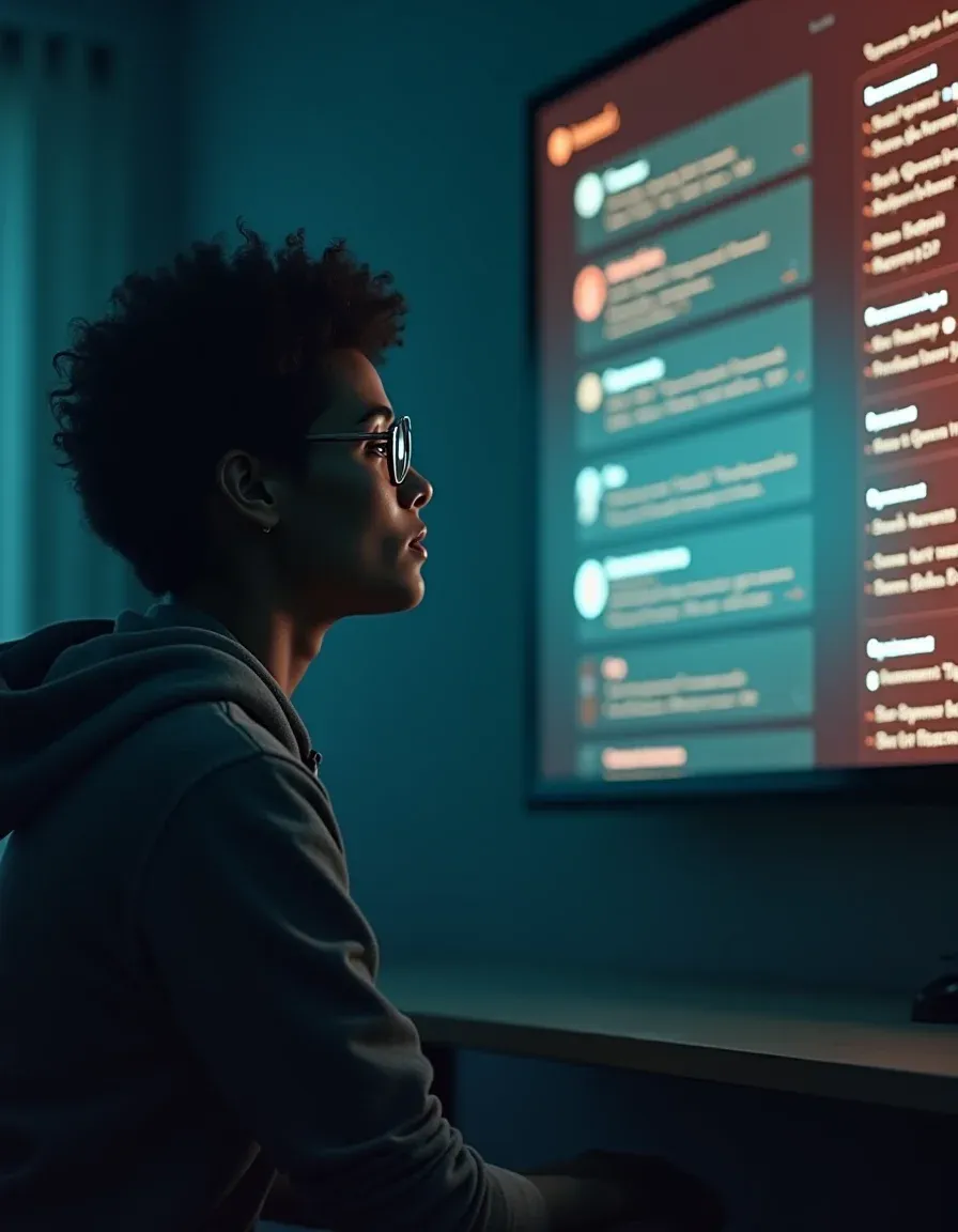 Weary user faces a hostile, bot-driven forum feed with looming downvote arrows.