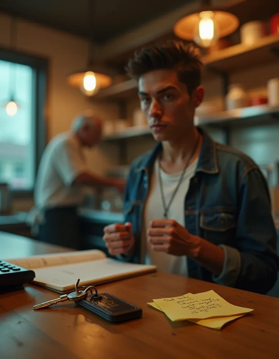 A tense moment as a young adult is offered restaurant keys by an exhausted father.
