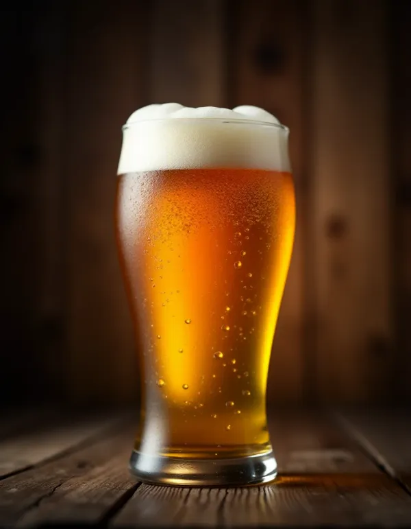 A close-up of a frothy beer head in a glass.