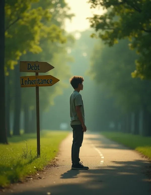 A person pondering debt and inheritance at a crossroads in a serene park.